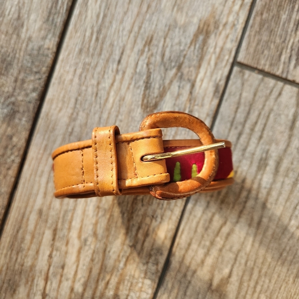 Genuine Leather Tan and Red Statement Belt 33"